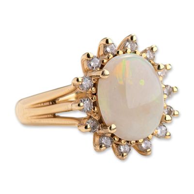 EMA 14K Yellow Gold Opal and Diamond Sunburst Ring