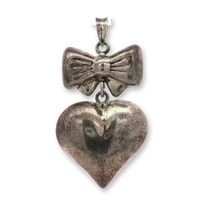 Sterling Silver Bow and Puffy Heart Pendant