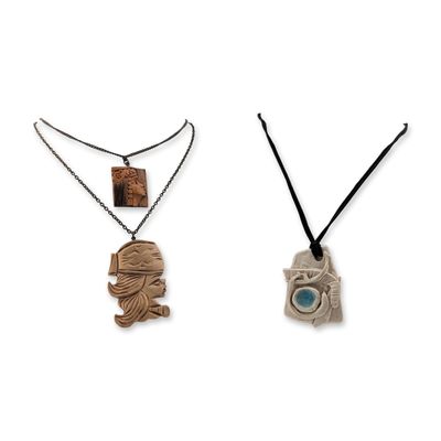 3pc Ceramic and Carved Wooden Pendant Necklaces