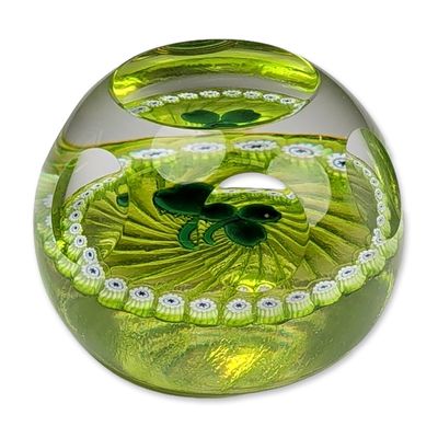 Caithness Scotland Faceted Art Glass Paperweight, Emerald Shamrock