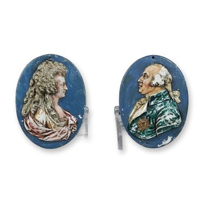 2pc Wedgwood Enameled Pipe Clay Portrait Medallions of King Louis XVI and Queen Marie Antoinette