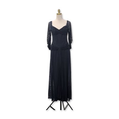 Vicky Tiel Couture Navy Blue Mesh Ruched Evening Gown