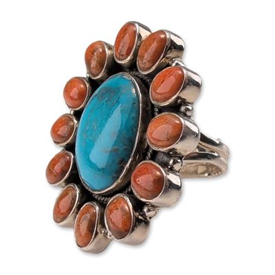 Sterling Silver Turquoise and Spiny Oyster Cluster Ring