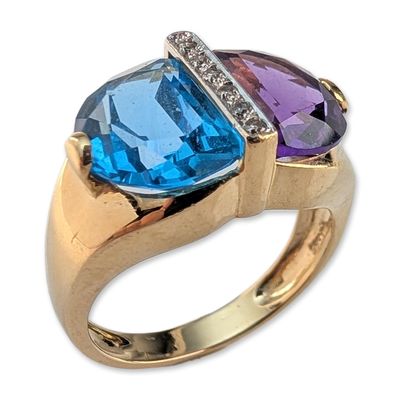 14K Yellow Gold Amethyst and Blue Topaz Diamond Ring