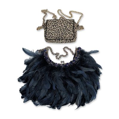 2pc Gale Hayman Leopard Print and Navy Feather Evening Bags