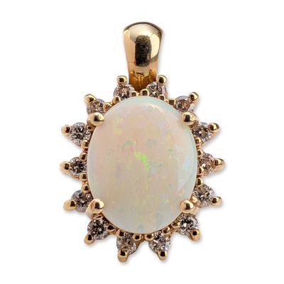 14K Yellow Gold Opal and Diamond Cluster Pendant