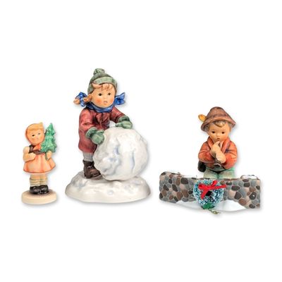 4pc Goebel Hummel Winter Figurines and Dept 56 Holiday Brick Wall