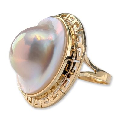 14K Yellow Gold and Mabe Pearl Greek Key Ring