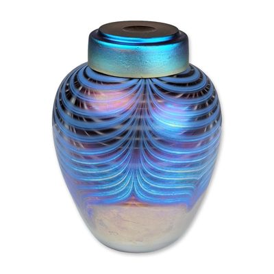 Kyle Gribskov Art Glass Iridescent Pulled Feather Jar, Signed