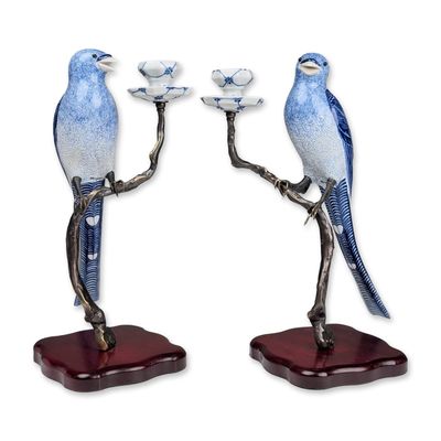 Pair of Italian Blue and White Porcelain Bird Candle Holders