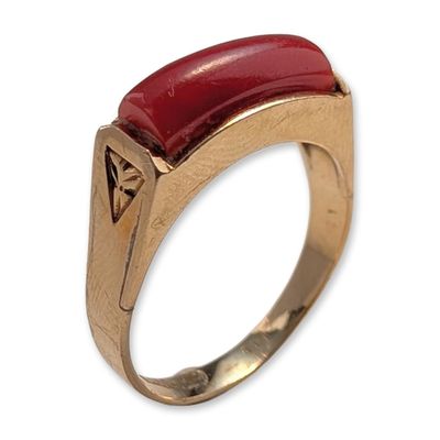 Mid-Century 14K Yellow Gold and Red Coral Ring