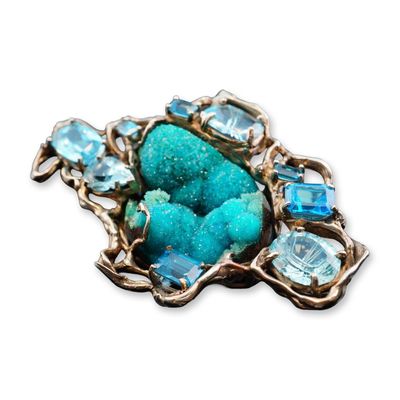 Brutalist Large Sterling Silver Pendant with Turquoise and Blue Topaz