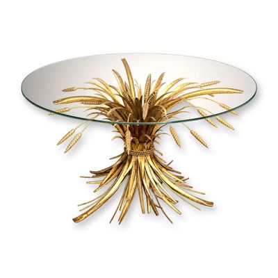 Italian Mid-Century Modern Gilt Metal Sheaf of Wheat Coffee Table w/ Round Glass Top