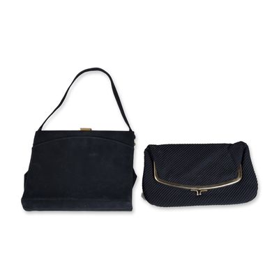 2pc Suede Handbag and Pleated Fabric Clutch
