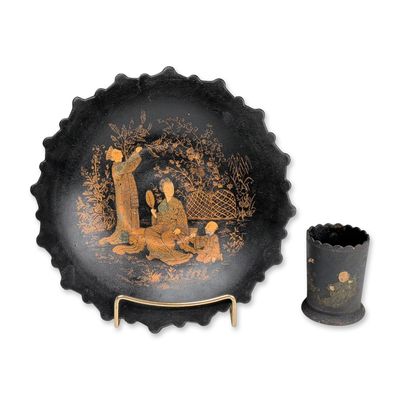 2pc Vintage Asian Black Lacquered Chinoiserie Papier Mache Set, Plate and Vase