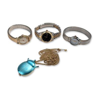Group of Four Ladies' Wristwatches and Novelty Pendant Watch