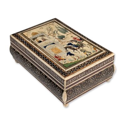 Persian Khatamkari and Miniature Painted Wooden Jewelry Box