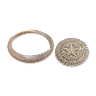 Two Carved Mother-of-Pearl Brooch Pin and Bracelet