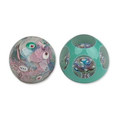 Two Murano Millefiori and Latticino Art Glass Paperweights