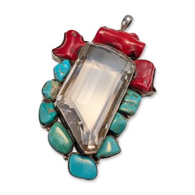 Large Sterling Silver with Turquoise and Coral Pendant