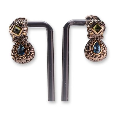 Pair of John Hardy Sterling Silver and 18K Gold Gemstone Drop Earrings