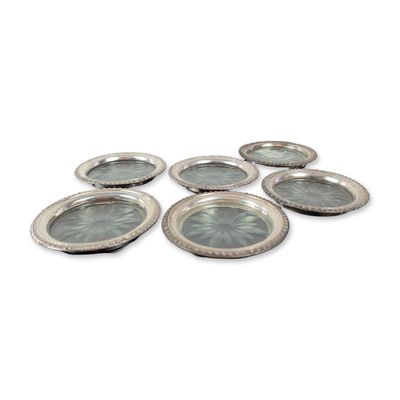 Set of Six Frank M. Whiting & Co. Sterling and Glass Coasters