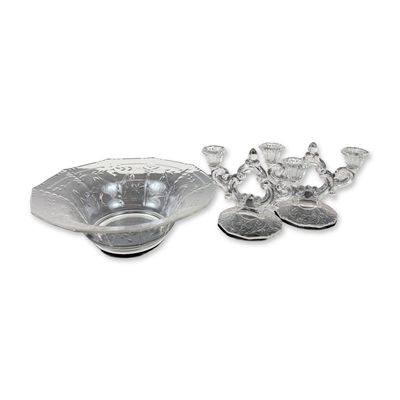 Three-Piece American Etched Glass Candelabra and Centerpiece Bowl