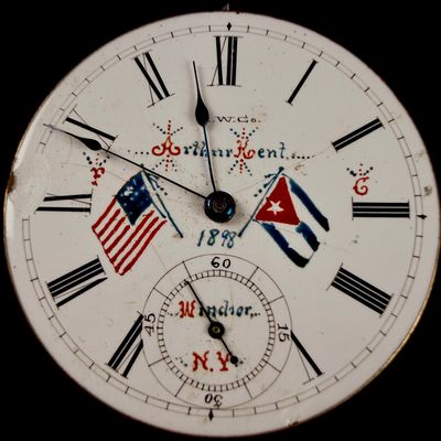 Sale Photo Thumbnail #59: American Waltham Watch Company Model 1883 Bond Street 18-Size Pocket Watch Movement with Commemorative 1898 Spanish-American War Hand-Painted Dial