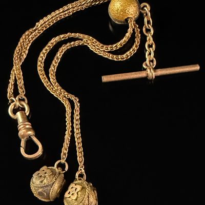 Sale Photo Thumbnail #178: Victorian Gold Filled Double Strand Slide Pocket Watch Chain with Bauble Fobs
