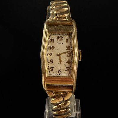 Sale Photo Thumbnail #53: Vintage 1937 Elgin Art Deco Gold Tone Tonneau Wristwatch with Gemex Expansion Bracelet
