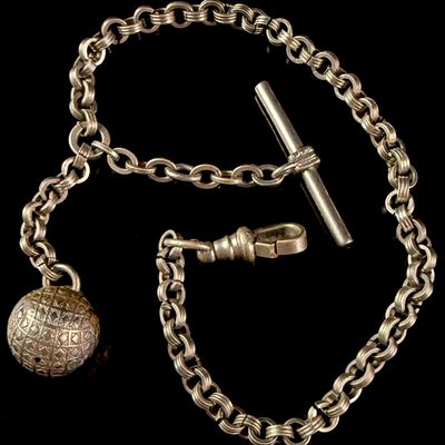 Sale Photo Thumbnail #170: Antique White Metal Single Albert Watch Fob Chain with T-Bar and Spherical Fob
