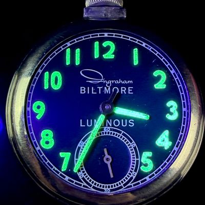 Sale Photo Thumbnail #124: Ingraham Biltmore Luminous Uranium Dial Manual Wind Pocket Watch