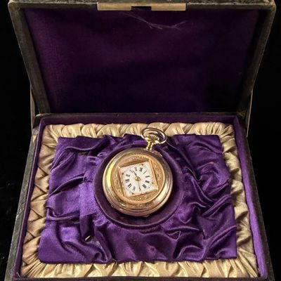 Sale Photo Thumbnail #179: Antique Ladies Gold Toned Open Face Pocket Watch with Floral Enamel Dial and Presentation Box