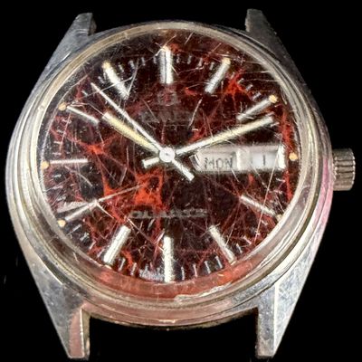 Sale Photo Thumbnail #57: Vintage Timex Q Quartz Red Nebula Day-Date Wristwatch Head