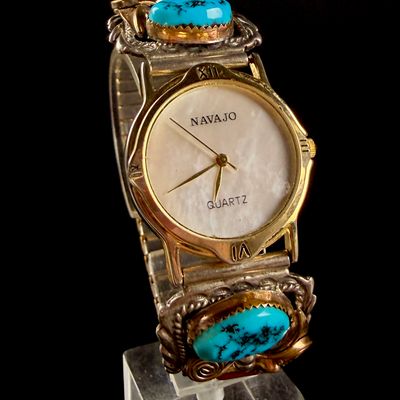 Sale Photo Thumbnail #97: Navajo Gold-Tone Quartz Wristwatch with Sterling Silver Turquoise and Coral Watch Tips