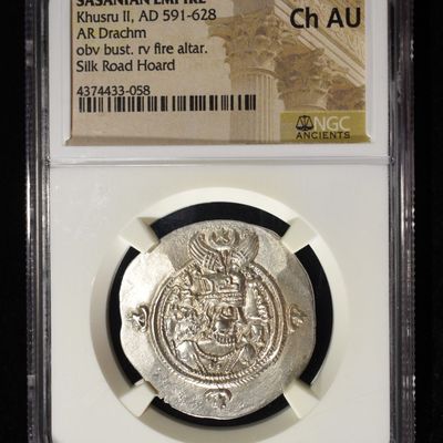 Sale Photo Thumbnail #205: AD 591-628 KHUSRU II AR DRACHM NGC CH AU