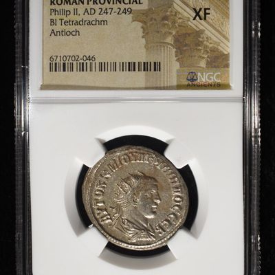 Sale Photo Thumbnail #197: PHILIP II, AD 247-249 BI TETRADRACHM NGC XF