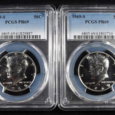Sale Photo Thumbnail #64: (2) 1969-S KENNEDY HALF DOLLARS PCGS PR-69