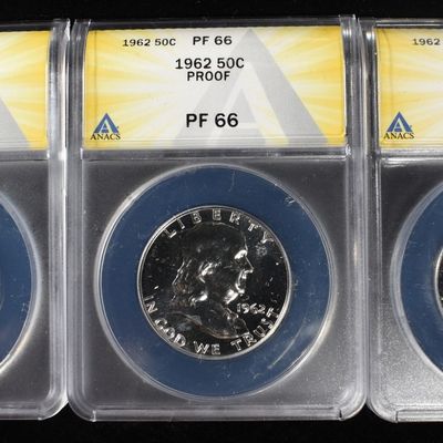 Sale Photo Thumbnail #158: 1960 & (2) 1962 FRANKLIN 50C ANACS PF64 & PF66