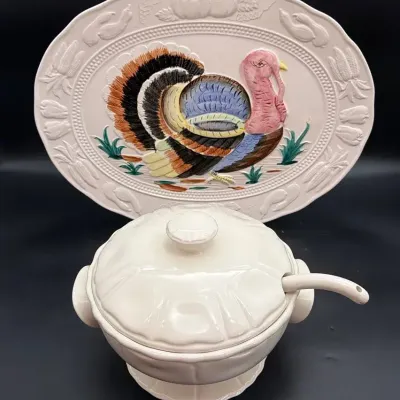 Ceramic Turkey Platter and White Soup Tureen