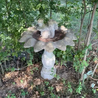 Vintage Concrete Flower-Petal Birdbath With Detached Concrete Squirrel