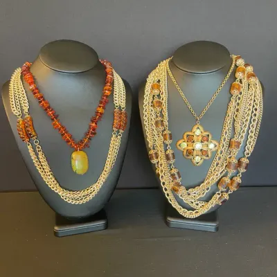 1970 Revival Style Sara Coventry Barrel Shaped Faux Amber Bead Necklaces