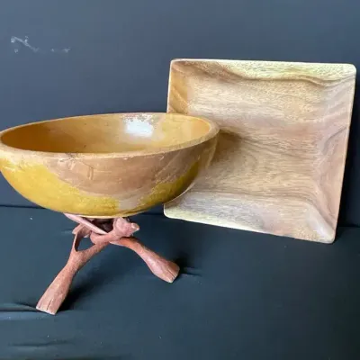 Vintage Monkey Pod Wood Tray, Wooden Bowl And Tripod