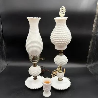 Hobnail Vintage Milk glass Hurricane Style Pair Of Lamps, and Candle Holder