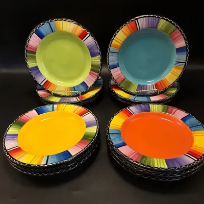 Twelve Nancy Green Fiesta Plates, 3 Orange, 3 Yellow, 3 Blue, 3 Green