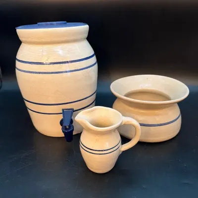 Vintage Marshall Pottery Blue Stripe Stoneware Water Cooler W/ Spigot & Top, Pitcher, Spittoon Vase