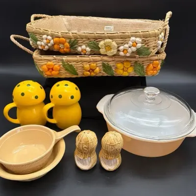 MCM FireKing Casserole, Peanut and Mushroom Salt&Peppers, Floral Casserole Holders, TS&T Handle Bowl