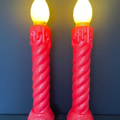 Pair Of Vintage 36” Blow Mold, Lighted Red Candles