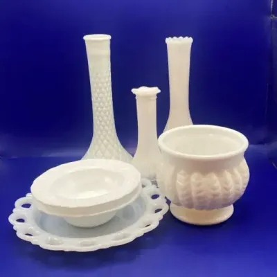 Vintage Milk Glass, Three Bud Vases, Two Small Bowls, One Small Plate And One Planter