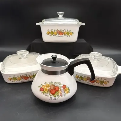 Vintage Corningware L’Echalote 1.5 Liter, Two 1 Qt Covered Casserole Dishes, Spice of Life Teapot